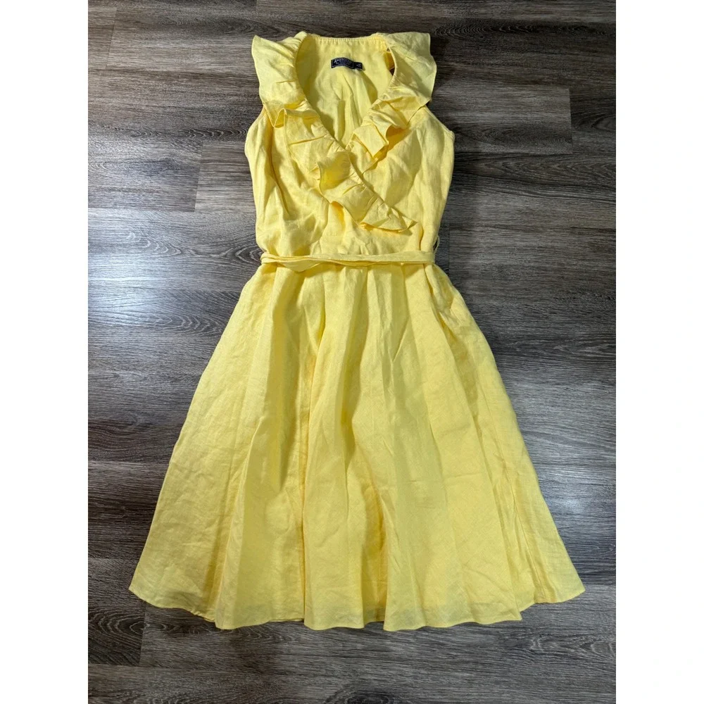 American Living 100%‎ Linen Dress Ruffle Sleeveless Belted Yellow Size 6 Preppy